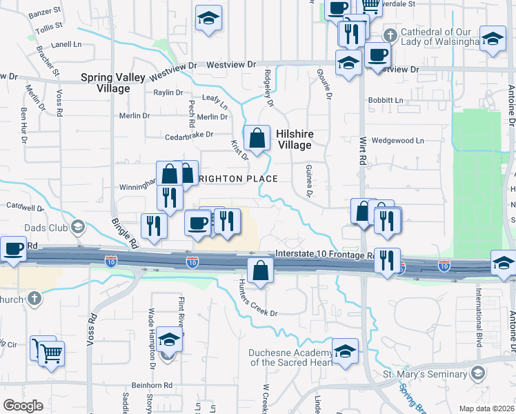 map of restaurants, bars, coffee shops, grocery stores, and more near 99 South Creekside Court in Houston