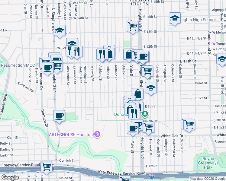 map of restaurants, bars, coffee shops, grocery stores, and more near 407 West 9th Street in Houston