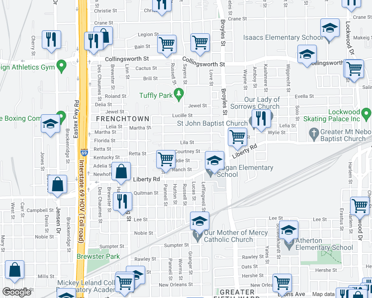 map of restaurants, bars, coffee shops, grocery stores, and more near 4001 Courtney Street in Houston