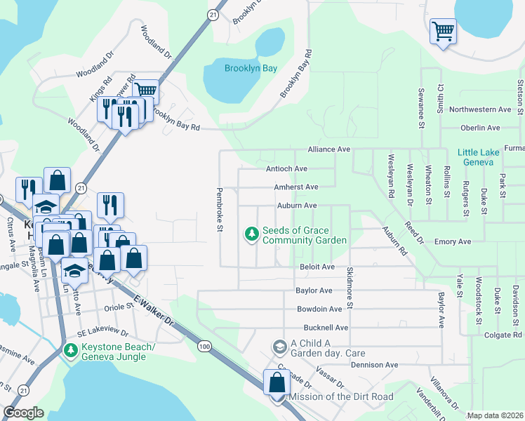 map of restaurants, bars, coffee shops, grocery stores, and more near 7181 Notre Dame Street in Keystone Heights