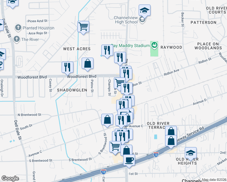 map of restaurants, bars, coffee shops, grocery stores, and more near 725 Champs Street in Channelview