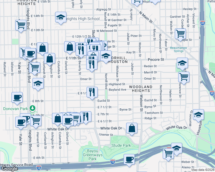 map of restaurants, bars, coffee shops, grocery stores, and more near 1108 Highland Street in Houston