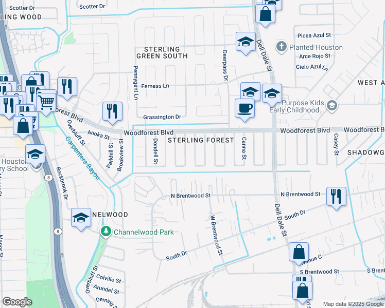 map of restaurants, bars, coffee shops, grocery stores, and more near 719 Stonyridge Street in Channelview