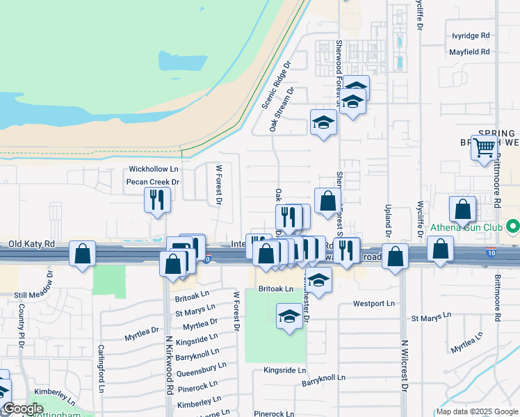 map of restaurants, bars, coffee shops, grocery stores, and more near 11418 Ash Creek Drive in Houston