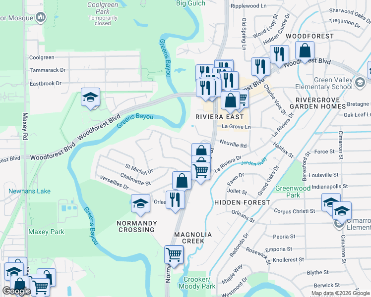 map of restaurants, bars, coffee shops, grocery stores, and more near 12546 La Rochelle Drive in Houston