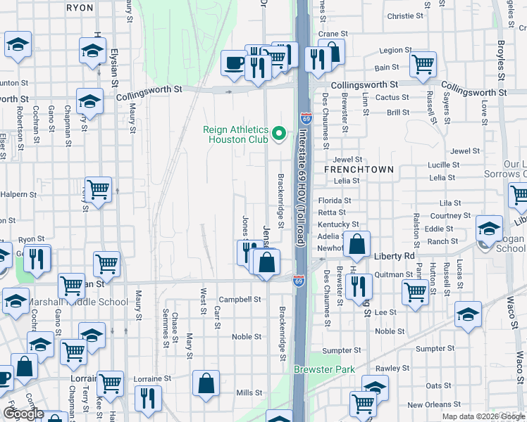 map of restaurants, bars, coffee shops, grocery stores, and more near 2834 Jensen Drive in Houston