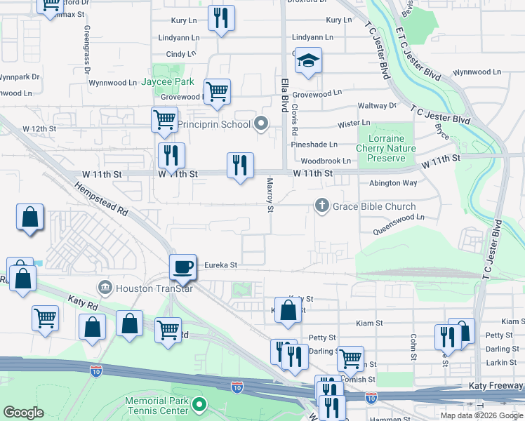 map of restaurants, bars, coffee shops, grocery stores, and more near 3267 Maxroy Street in Houston