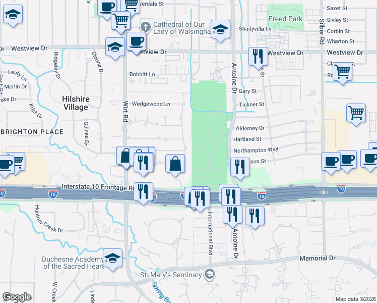map of restaurants, bars, coffee shops, grocery stores, and more near 1004 Danbury Road in Houston