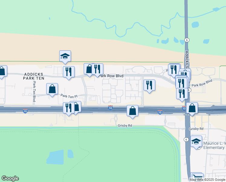 map of restaurants, bars, coffee shops, grocery stores, and more near 15335 Park Row Boulevard in Houston
