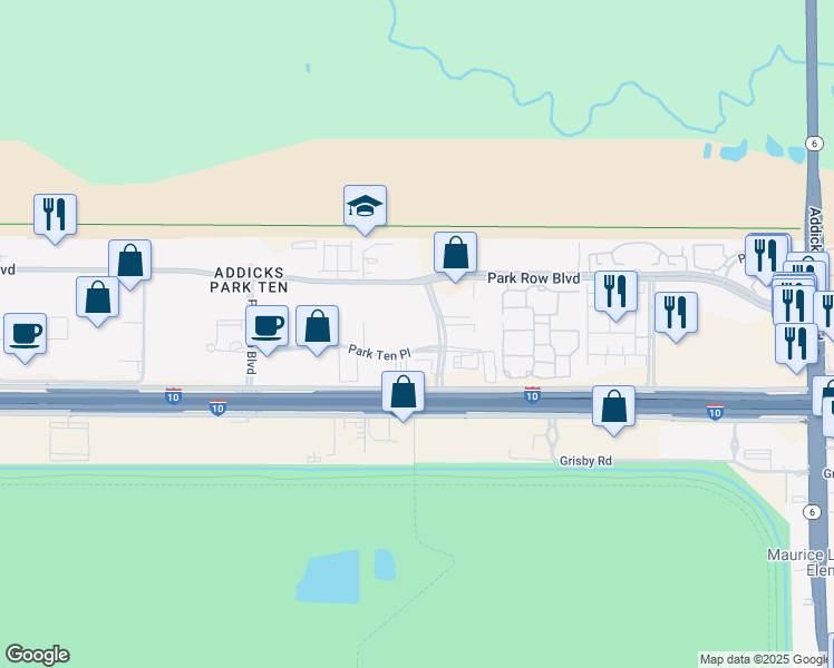 map of restaurants, bars, coffee shops, grocery stores, and more near 1407-1499 Broadfield Boulevard in Houston