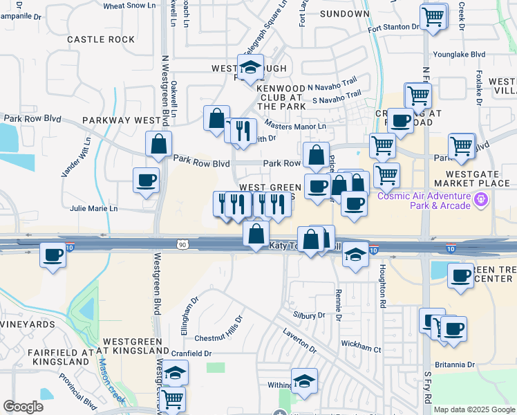 map of restaurants, bars, coffee shops, grocery stores, and more near 1403 Westborough Drive in Katy