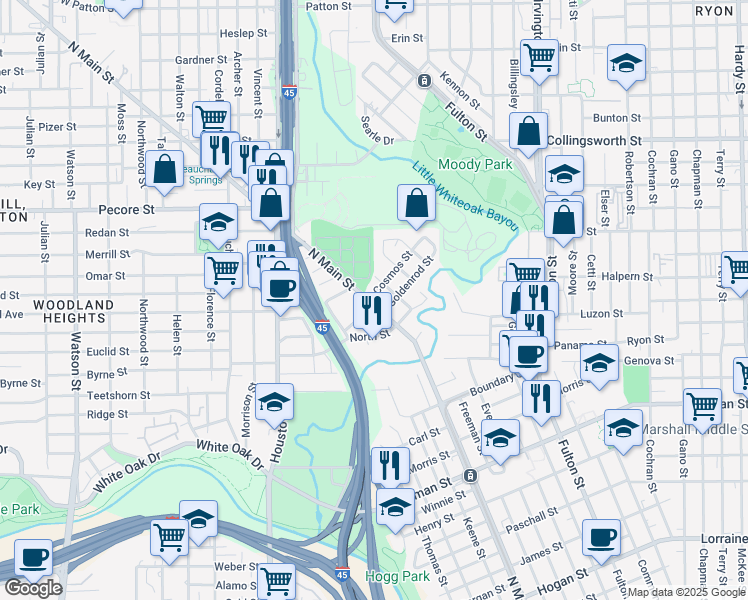 map of restaurants, bars, coffee shops, grocery stores, and more near 3207 Mainford Street in Houston