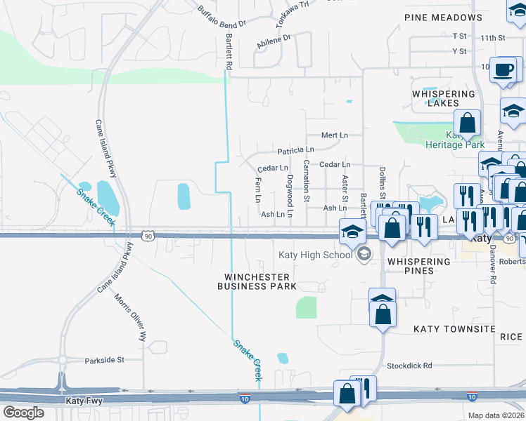 map of restaurants, bars, coffee shops, grocery stores, and more near 6813 Ash Lane in Katy