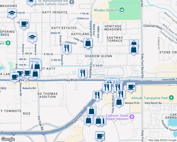 map of restaurants, bars, coffee shops, grocery stores, and more near 1011 Katyland Drive in Katy