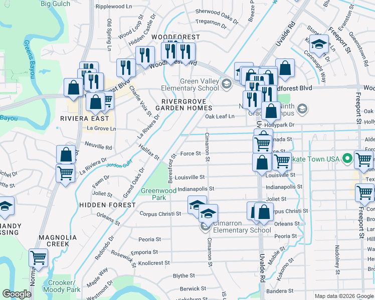 map of restaurants, bars, coffee shops, grocery stores, and more near 13121 Force Street in Houston
