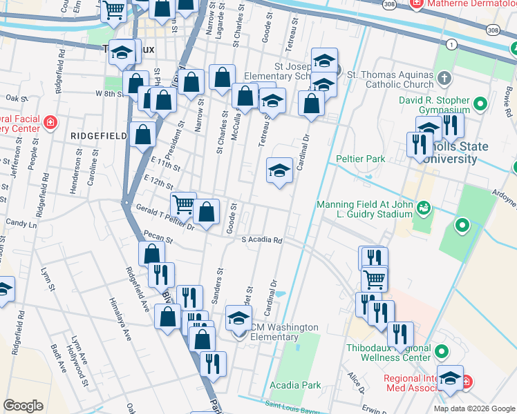 map of restaurants, bars, coffee shops, grocery stores, and more near 1204 Ledet Street in Thibodaux