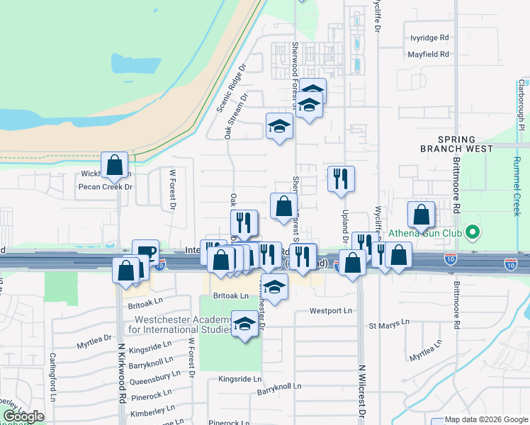 map of restaurants, bars, coffee shops, grocery stores, and more near 11206 Ash Creek Drive in Houston