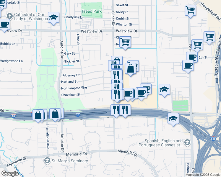 map of restaurants, bars, coffee shops, grocery stores, and more near 6800 Shavelson Street in Houston