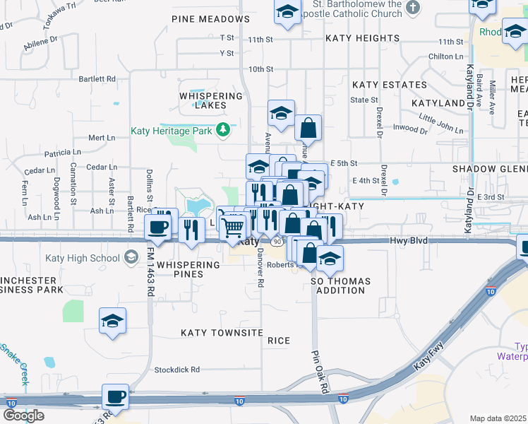 map of restaurants, bars, coffee shops, grocery stores, and more near 200 Katy Fort Bend Road in Katy