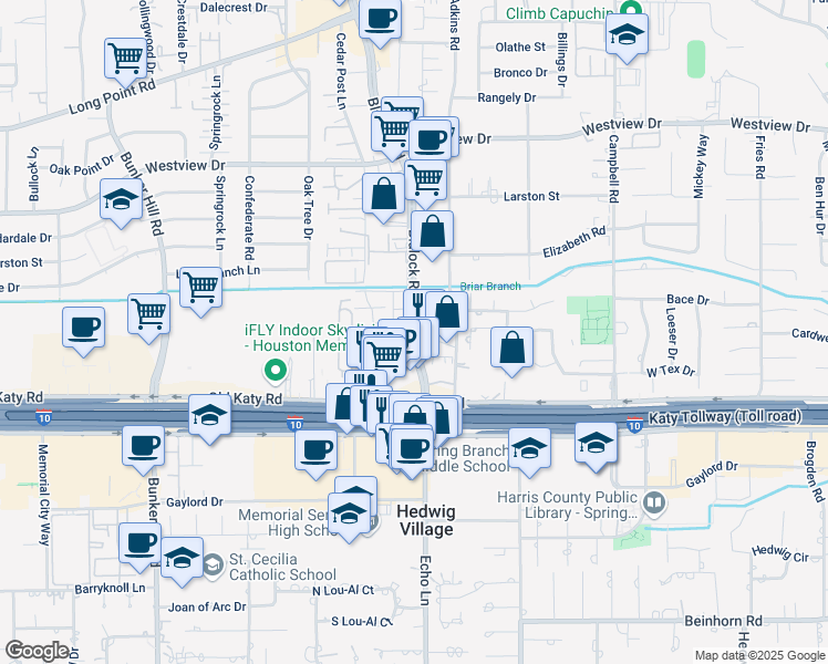 map of restaurants, bars, coffee shops, grocery stores, and more near 1110 Blalock Road in Houston