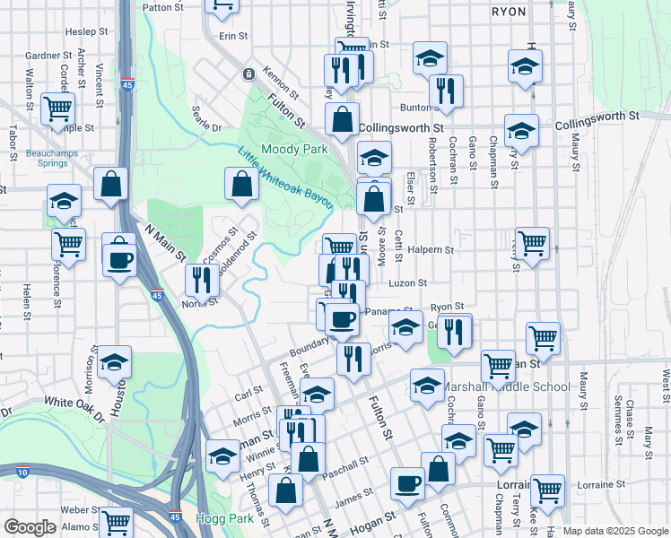 map of restaurants, bars, coffee shops, grocery stores, and more near 2901 Fulton Street in Houston