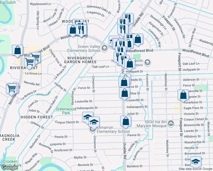 map of restaurants, bars, coffee shops, grocery stores, and more near 13326 Force Street in Houston