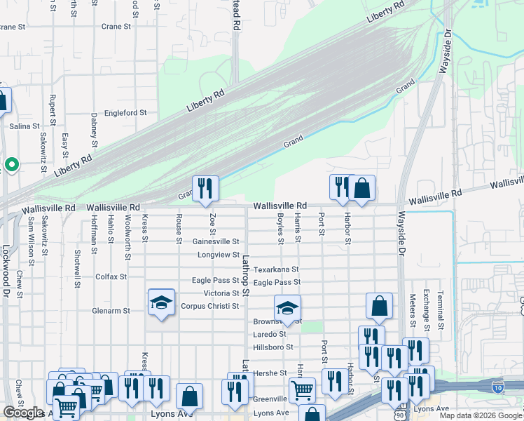 map of restaurants, bars, coffee shops, grocery stores, and more near 7014 Wallisville Road in Houston