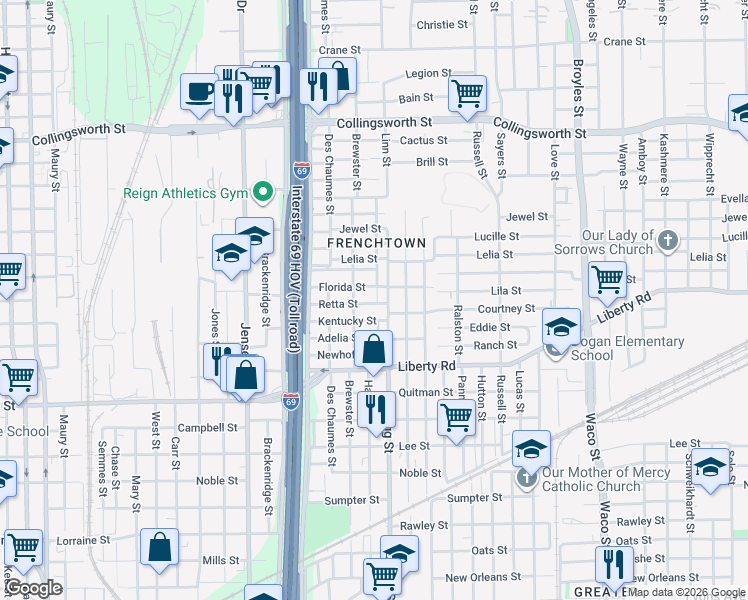 map of restaurants, bars, coffee shops, grocery stores, and more near 3210 Retta Street in Houston