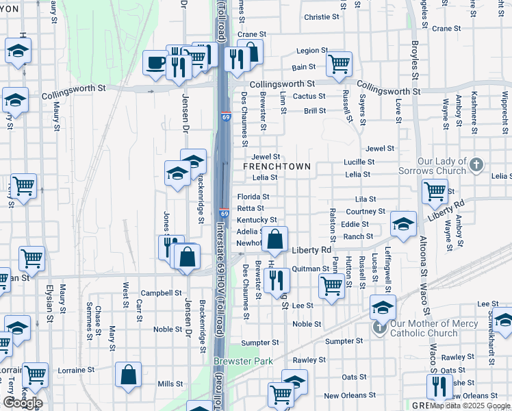 map of restaurants, bars, coffee shops, grocery stores, and more near 3210 Retta Street in Houston