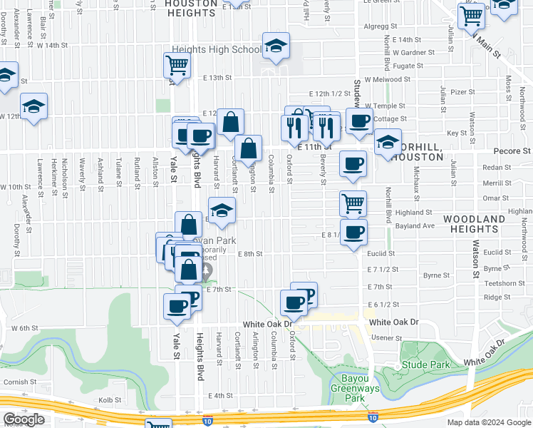 map of restaurants, bars, coffee shops, grocery stores, and more near 402 East 9th Street in Houston