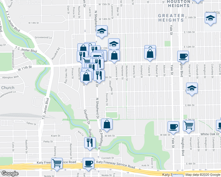map of restaurants, bars, coffee shops, grocery stores, and more near 902 Alexander Street in Houston