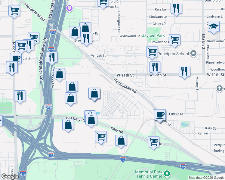 map of restaurants, bars, coffee shops, grocery stores, and more near 947 Blackshire Lane in Houston