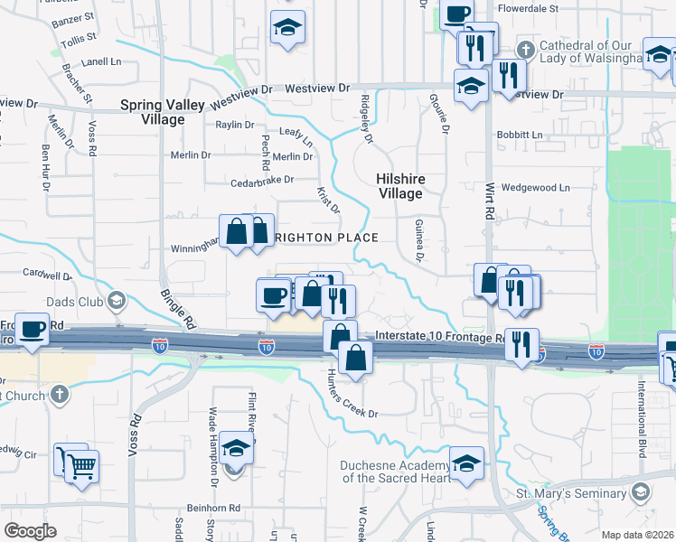 map of restaurants, bars, coffee shops, grocery stores, and more near 89-99 S Creekside Ct in Houston