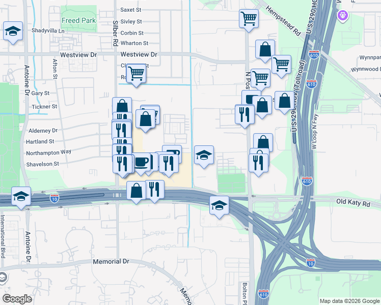 map of restaurants, bars, coffee shops, grocery stores, and more near 7460 Awty School Lane in Houston