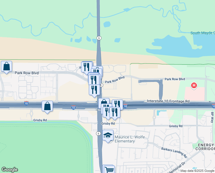 map of restaurants, bars, coffee shops, grocery stores, and more near 14703 Park Row in Houston