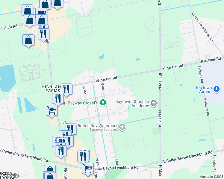 map of restaurants, bars, coffee shops, grocery stores, and more near 506 North Road in Baytown