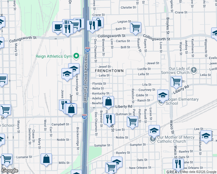 map of restaurants, bars, coffee shops, grocery stores, and more near 3210 Retta Street in Houston