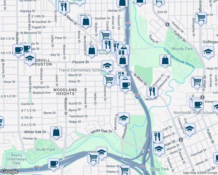map of restaurants, bars, coffee shops, grocery stores, and more near 307 Bayland Avenue in Houston