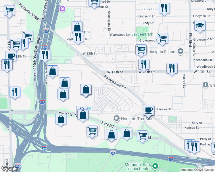 map of restaurants, bars, coffee shops, grocery stores, and more near 3604 Lannister Lane in Houston