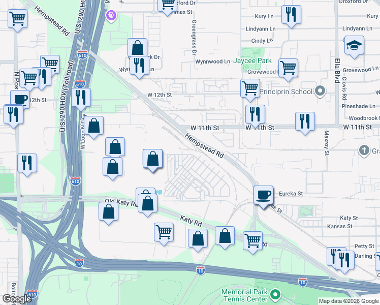 map of restaurants, bars, coffee shops, grocery stores, and more near 3604 Lannister Lane in Houston