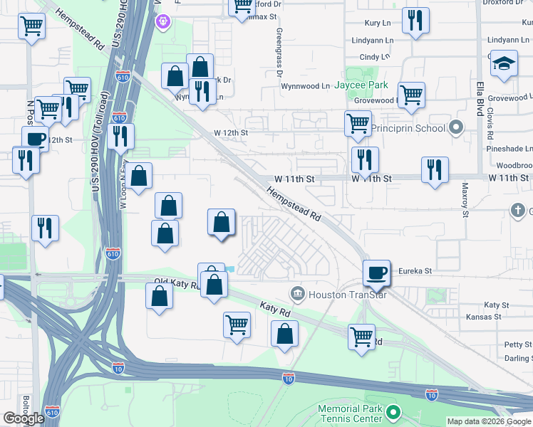 map of restaurants, bars, coffee shops, grocery stores, and more near 947 Blackshire Lane in Houston