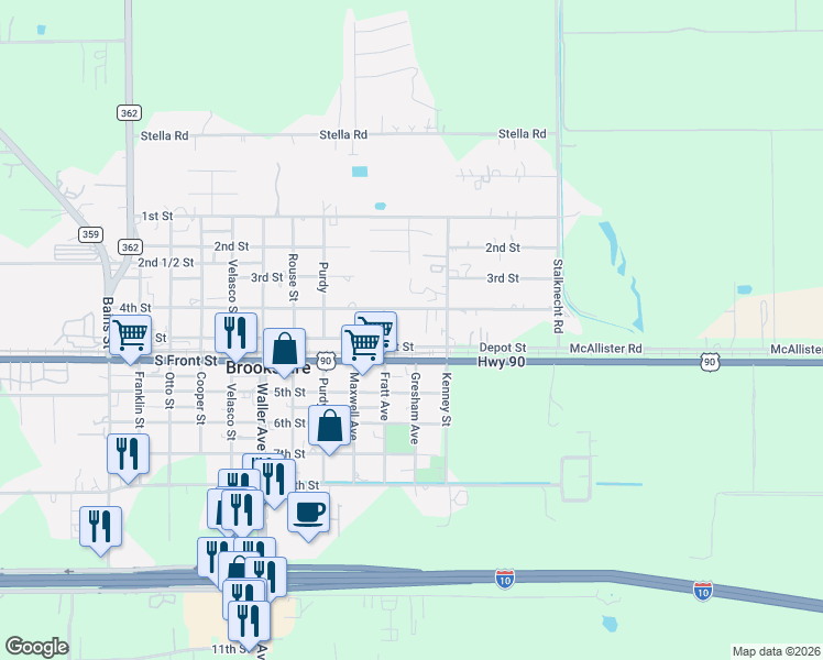 map of restaurants, bars, coffee shops, grocery stores, and more near 3634 Depot Street in Brookshire