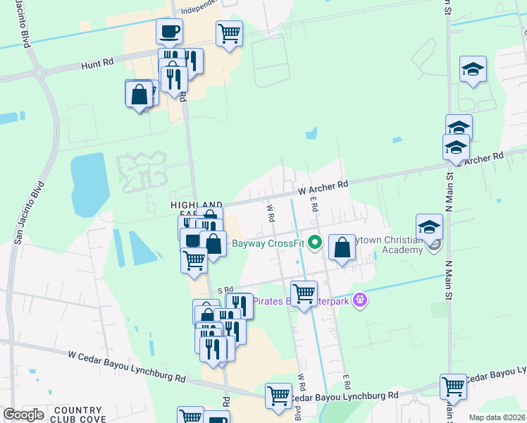 map of restaurants, bars, coffee shops, grocery stores, and more near 803 West Archer Road in Baytown