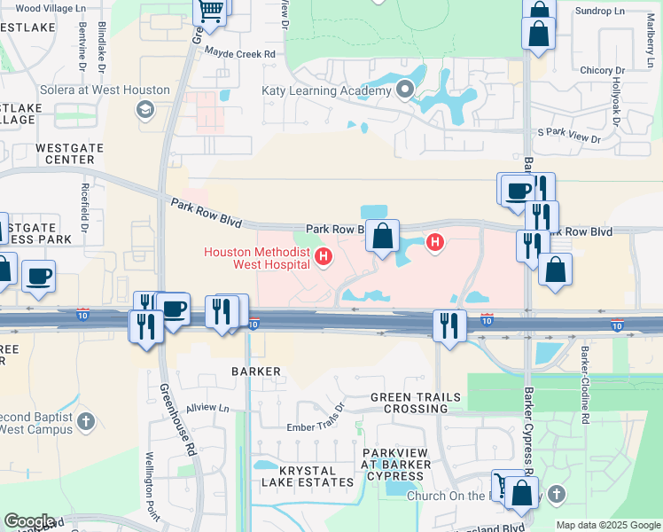 map of restaurants, bars, coffee shops, grocery stores, and more near 18500 Katy Freeway in Houston