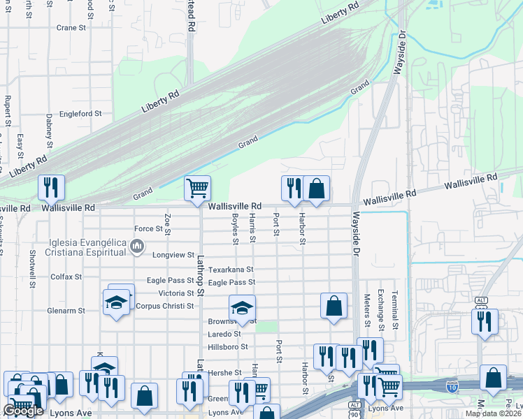 map of restaurants, bars, coffee shops, grocery stores, and more near 7201 Alderson Street in Houston