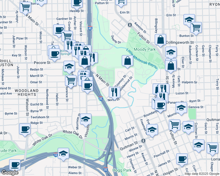 map of restaurants, bars, coffee shops, grocery stores, and more near 3211 North Main Street in Houston