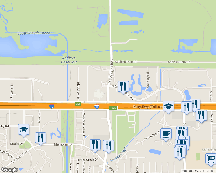 map of restaurants, bars, coffee shops, grocery stores, and more near 585 North Dairy Ashford Road in Houston