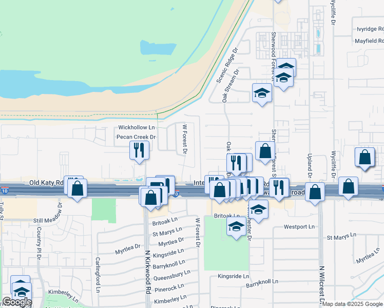 map of restaurants, bars, coffee shops, grocery stores, and more near 1222 Westwick Forest Lane in Houston