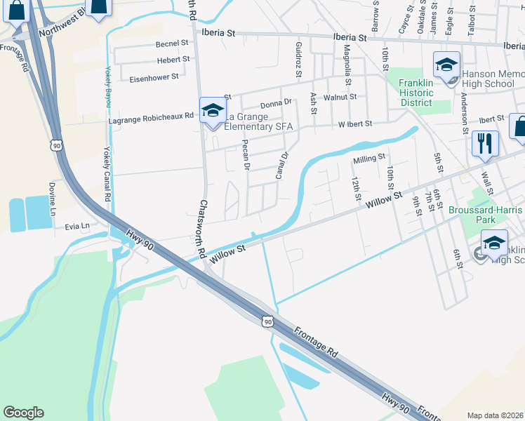 map of restaurants, bars, coffee shops, grocery stores, and more near 100 Mae Drive in Franklin