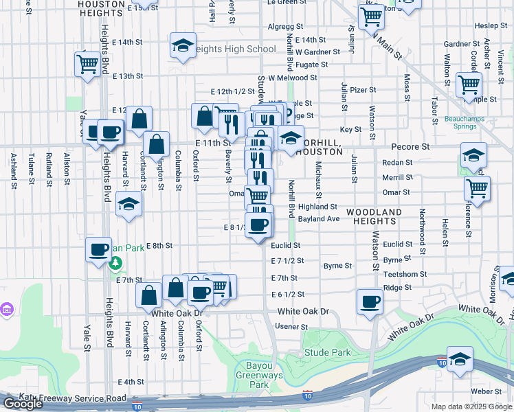 map of restaurants, bars, coffee shops, grocery stores, and more near 833 Studewood Street in Houston